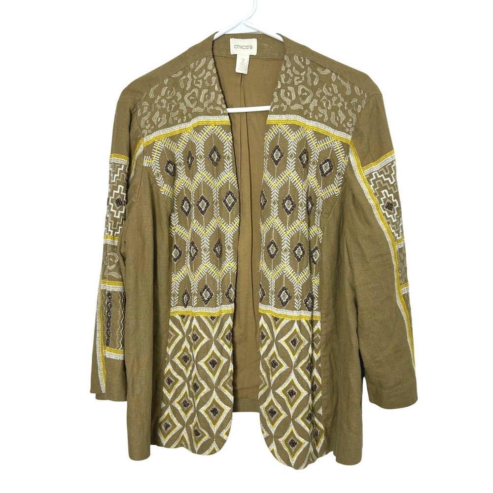 Chico's Linen Embroidered Jacket Women 2 Large Brown Boho Artisan Open Front